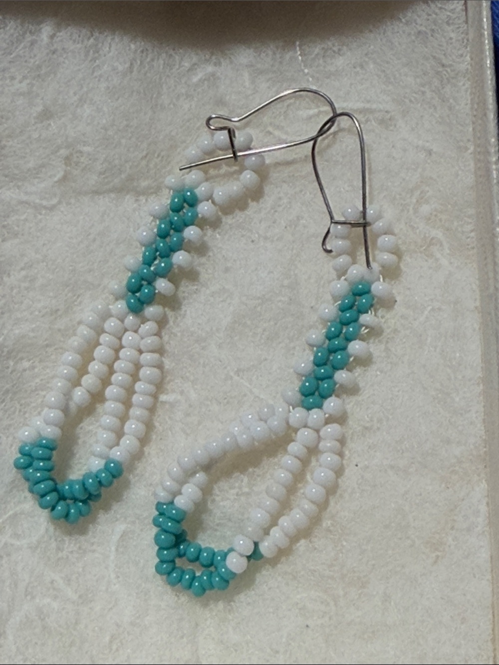 Handmade White and Turquoise Seed Bead Loop Earrings